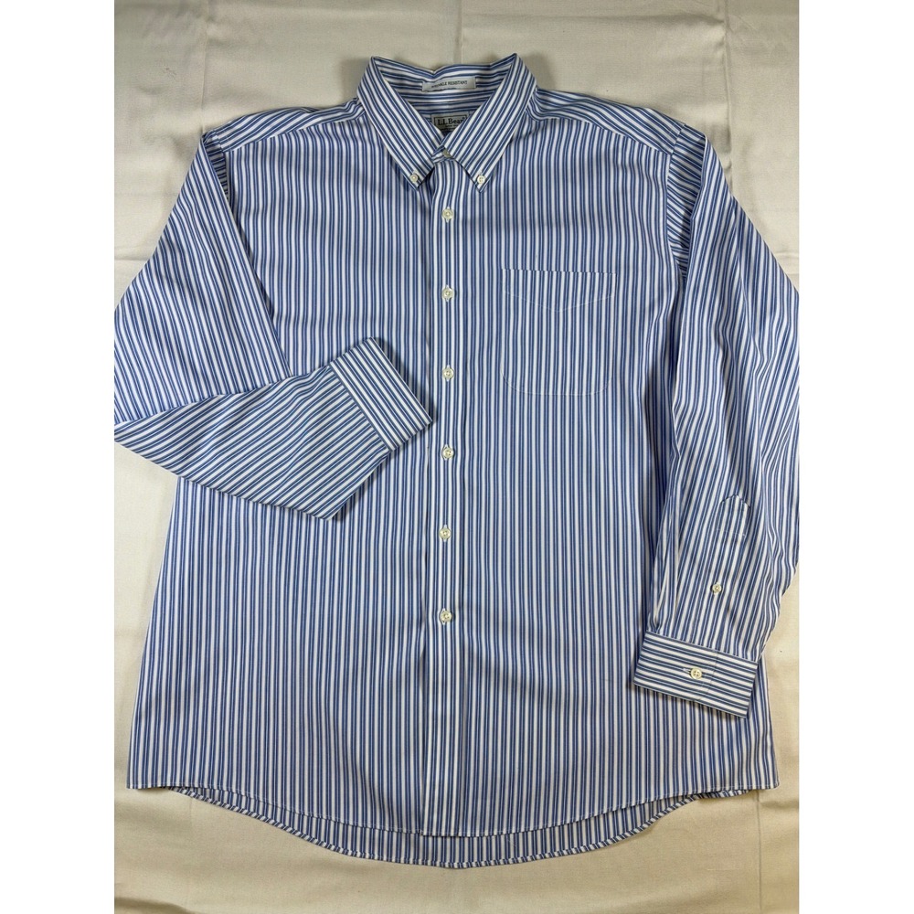 LL Bean Mens Striped Button Down Shirt Blue White Wrinkle Resistant 17.5 35